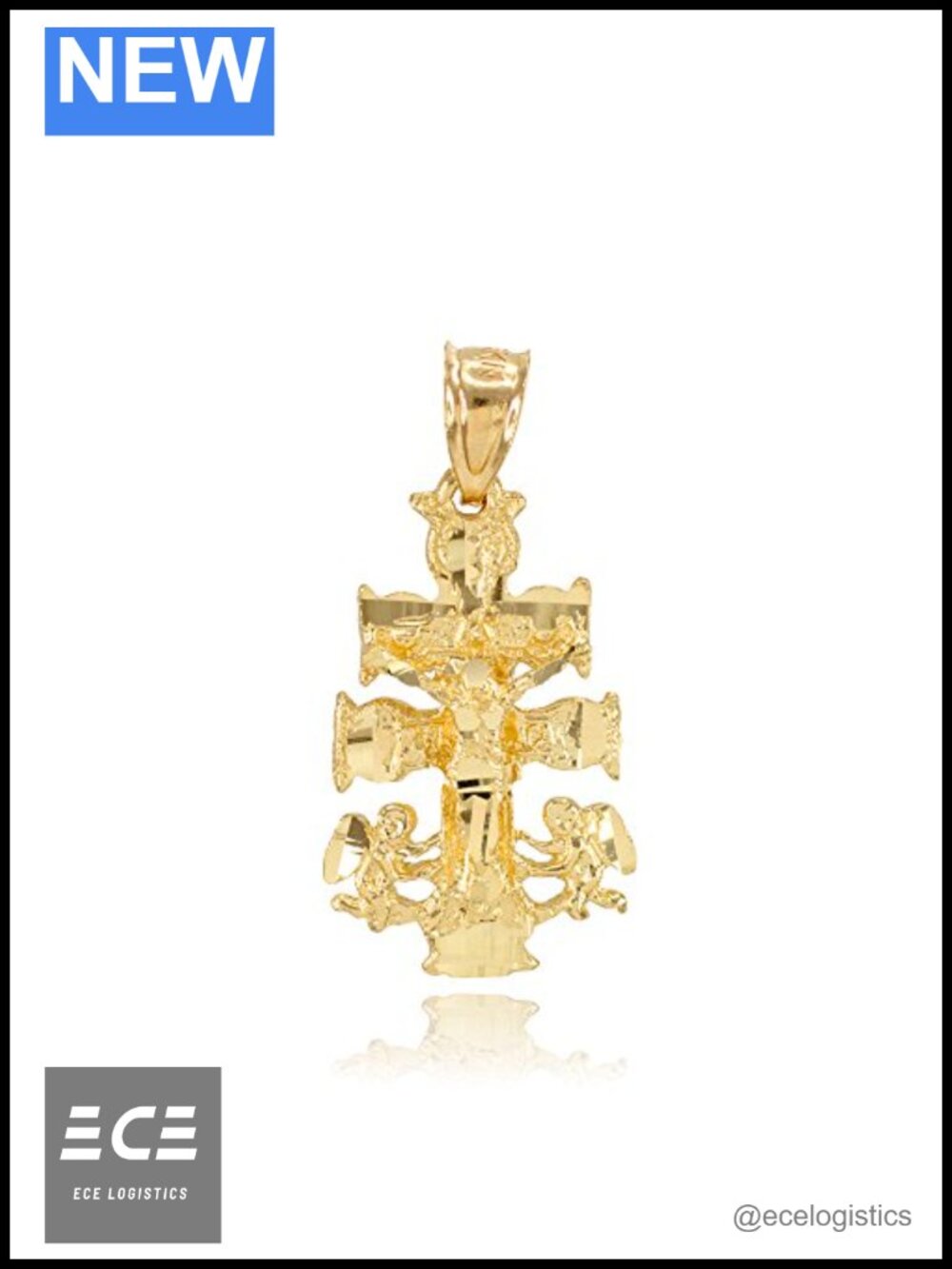 14k Yellow Gold Caravaca Double Cross Angels Crucifix Pendant Fine Jewelry